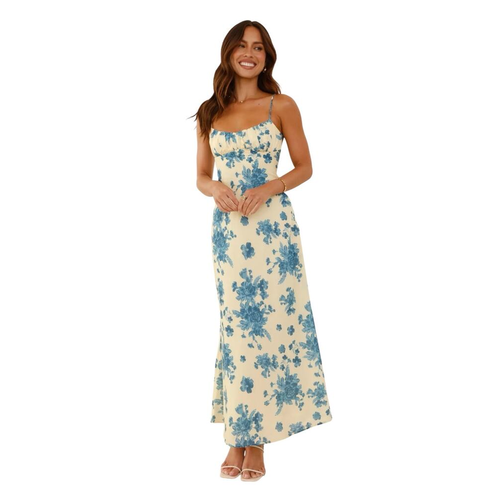Billy J Margie Midi Dress Yellow Blue Floral Size 14 Romantic Cottagecore NWT